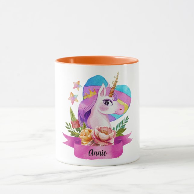 Wasserfarbe Niedlich Einhorn Individuelle Name Tasse (Zentrum)