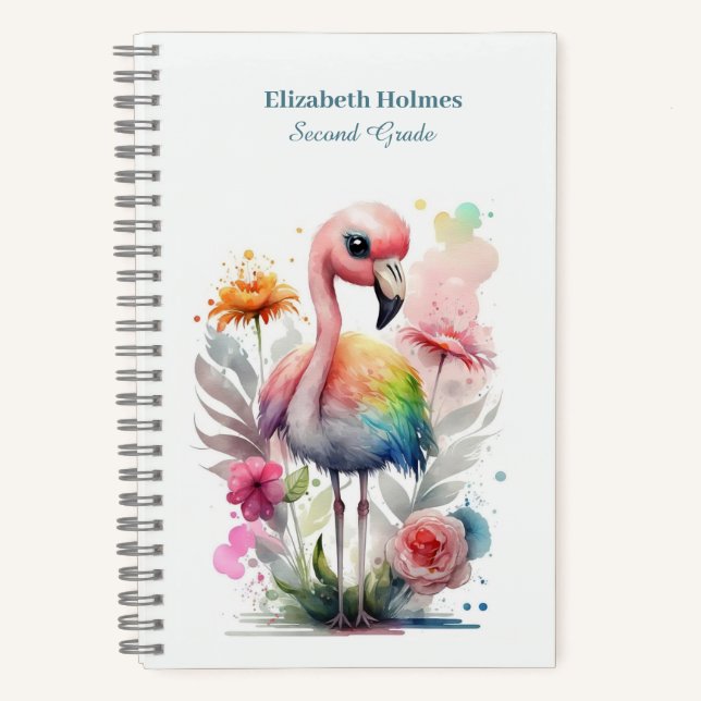 Wasserfarbe Niedlich Flamingo mit Blume Notizbuch (Vorderseite)