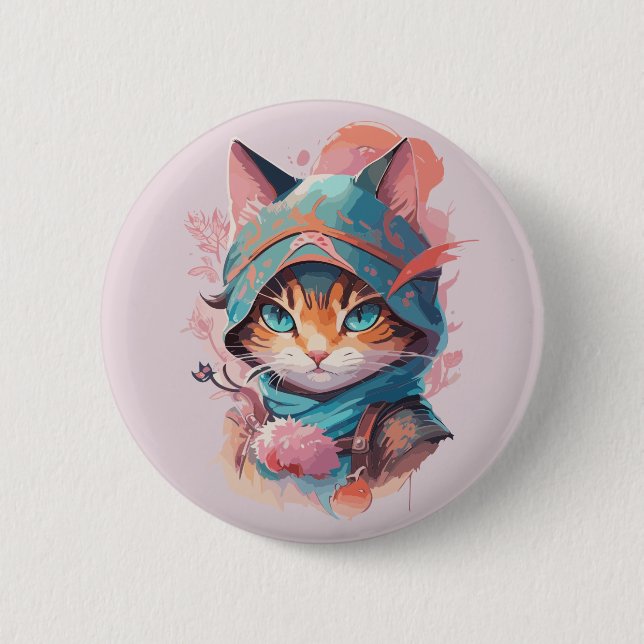 Wasserfarbe Niedlich Hooded Ninja Cat Button (Vorderseite)