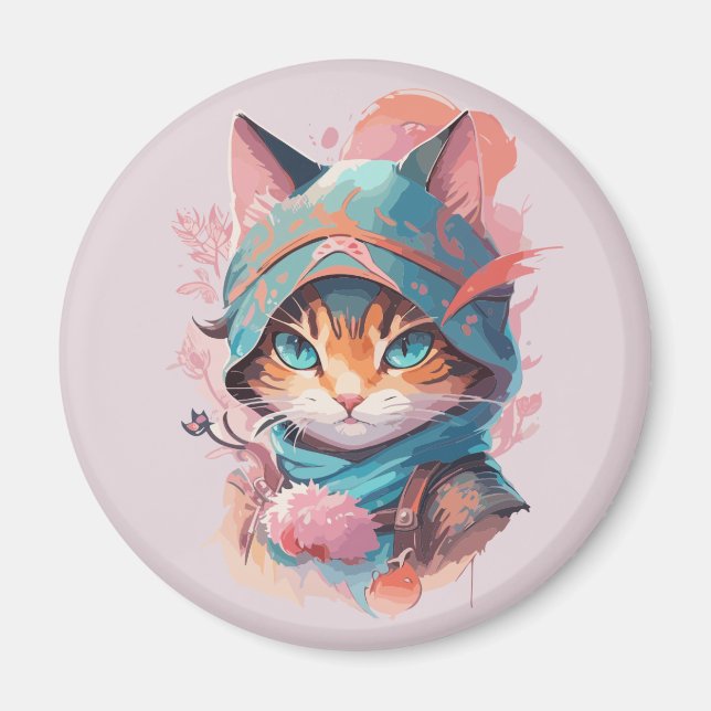 Wasserfarbe Niedlich Hooded Ninja Cat Magnet (Vorne)