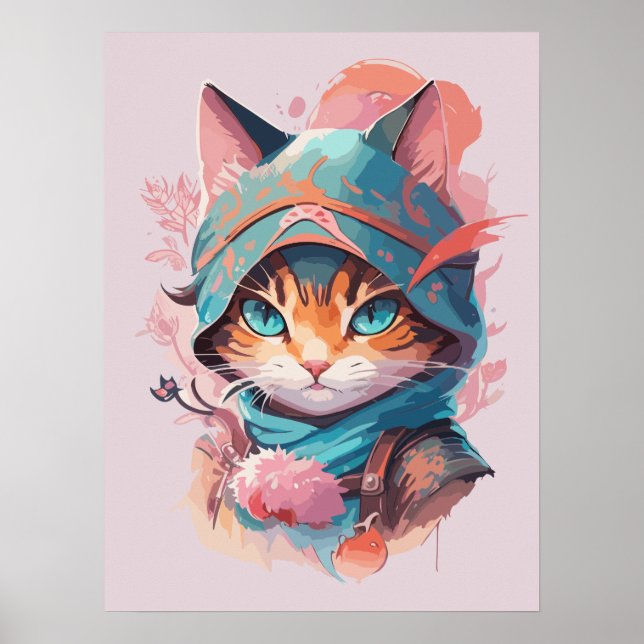 Wasserfarbe Niedlich Hooded Ninja Cat Poster (Vorne)