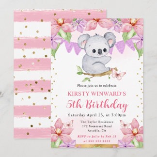 Wasserfarbe Niedlich Koala und tropische Blume Geb Einladung
