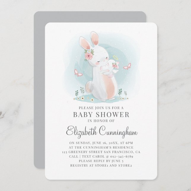 Wasserfarbe Niedlich Mama Rabbit Babydusche Einlad Einladung (Vorne/Hinten)