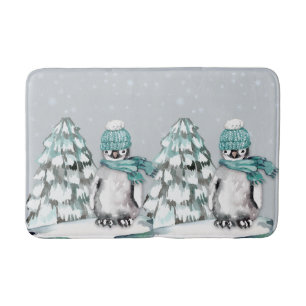Wasserfarbe Niedlich Pinguin Pine Tree Weihnachten Badematte