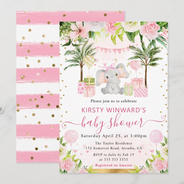 Wasserfarbe Niedlich Pink Jungle Elephant Babydusc Einladung (Vorne/Hinten)