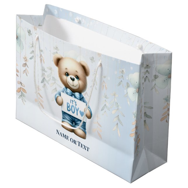 Wasserfarbe Niedlich Teddy Bär Blau Blume Schöne Große Geschenktüte (Vorderseite Schrägansicht)