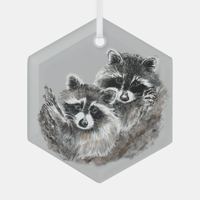 Wasserfarbe Niedliche Cuddling Raccoon Freunde ode Ornament Aus Glas (Vorderseite)