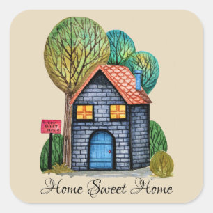 Wasserfarbe Niedliche Zuhause Sweet Zuhause Art Quadratischer Aufkleber