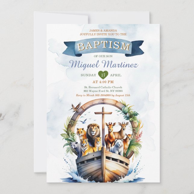 Wasserfarbe Noahs Ark Safari Wood Cross Taufe Einladung (Vorderseite)