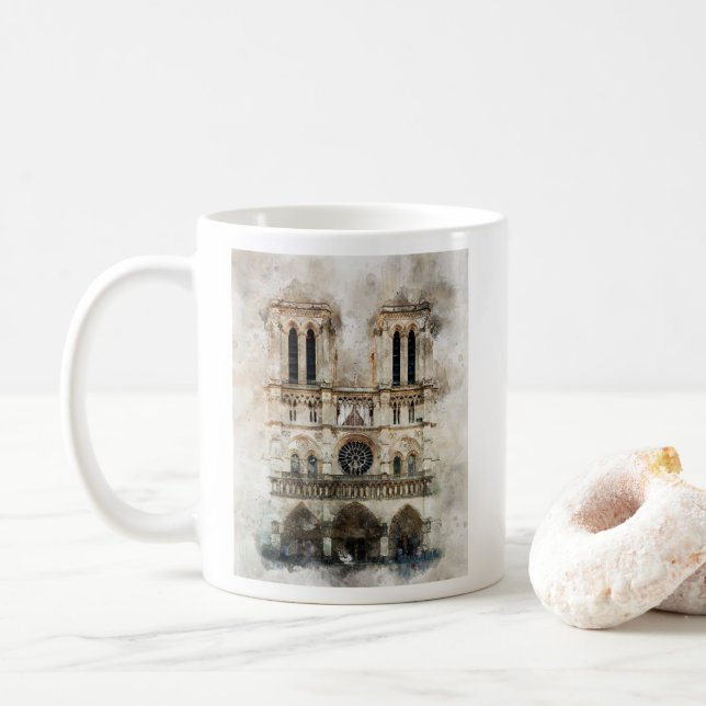 Wasserfarbe Notre Dame Kathedrale Fassade Kaffeetasse (Mit Donut)