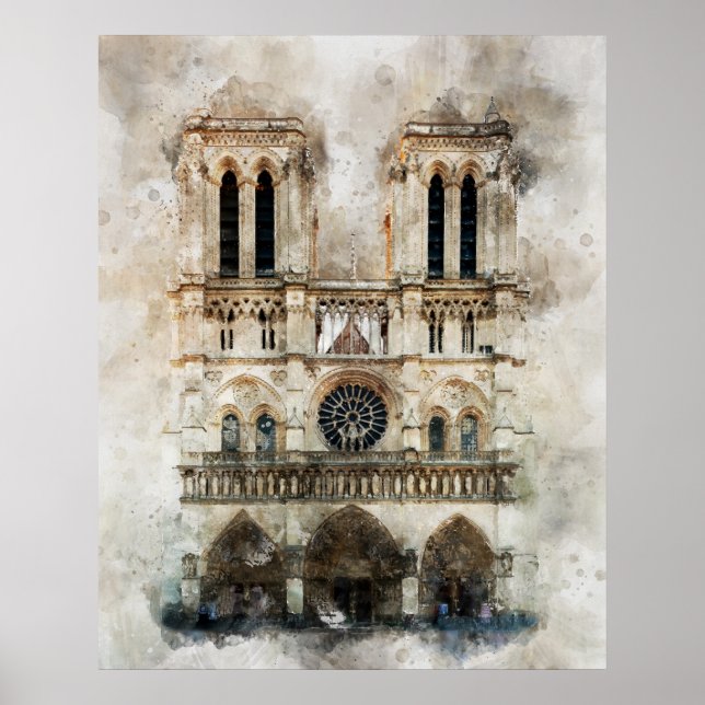 Wasserfarbe Notre Dame Kathedrale Fassade Poster (Vorne)