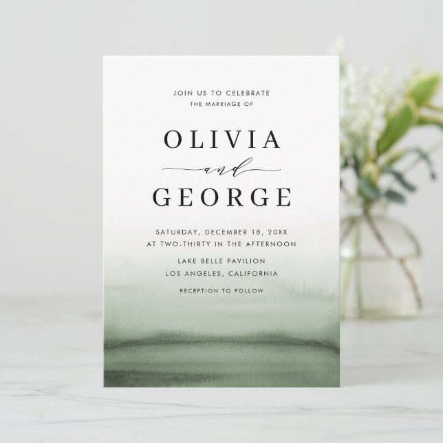 Wasserfarbe Ombre Grün Moderne Hochzeit Einladung (Stehend Vorderseite)