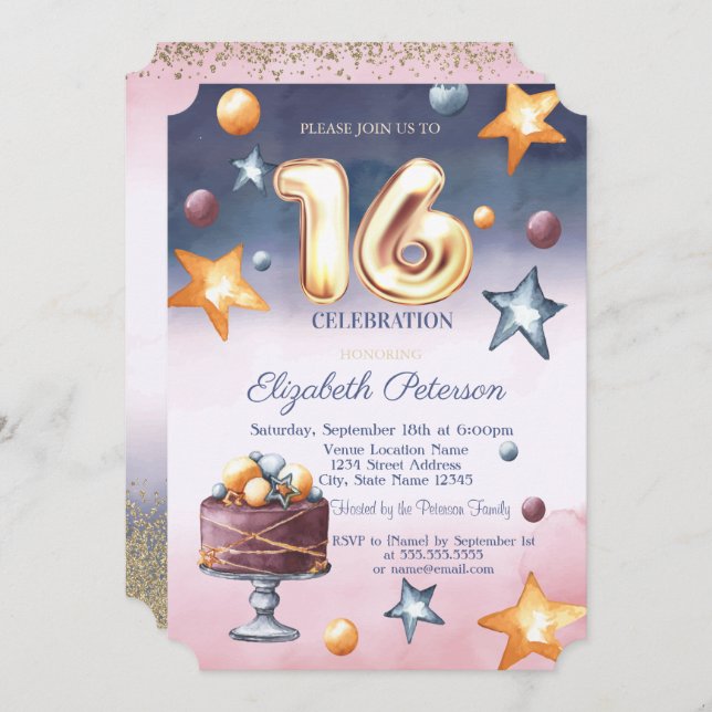 Wasserfarbe Ombre Stars Cake Diamonds Sweet 16 Einladung (Vorne/Hinten)