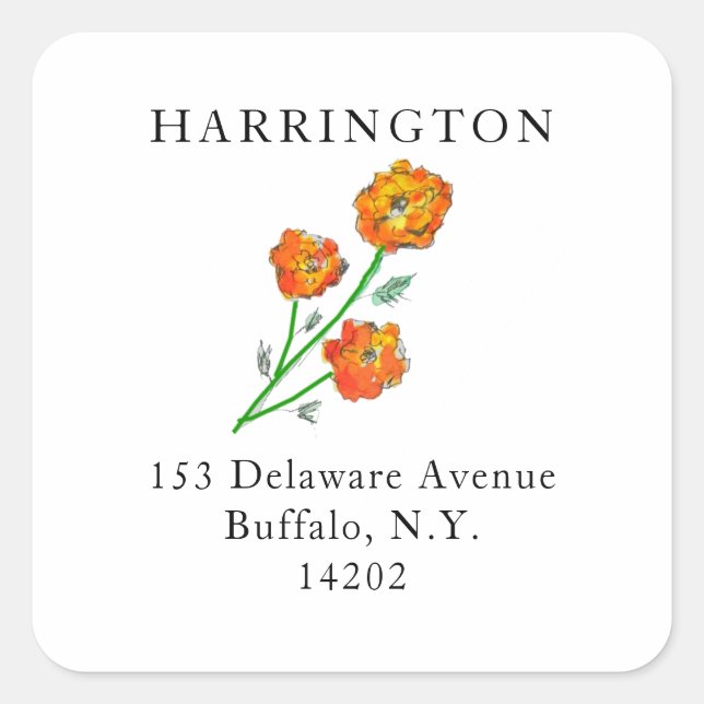 Wasserfarbe Orange Marigolds Hübsche Rücksendeadre Quadratischer Aufkleber (Vorderseite)