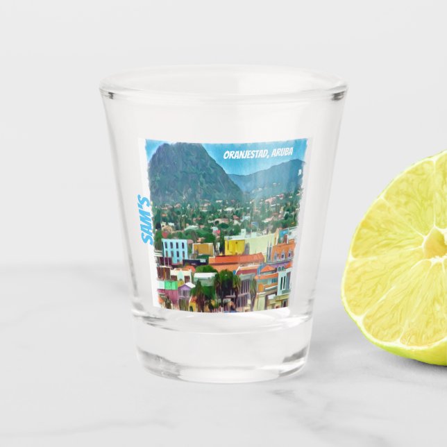 Wasserfarbe Oranjestad, Aruba Schnapsglas (Vorderseite)