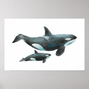 Wasserfarbe-Orca-Mutter-und-Baby-Plakat Poster