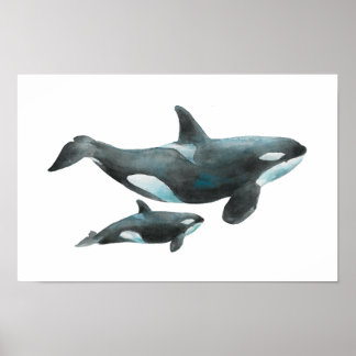 Wasserfarbe-Orca-Mutter-und-Baby-Plakat Poster