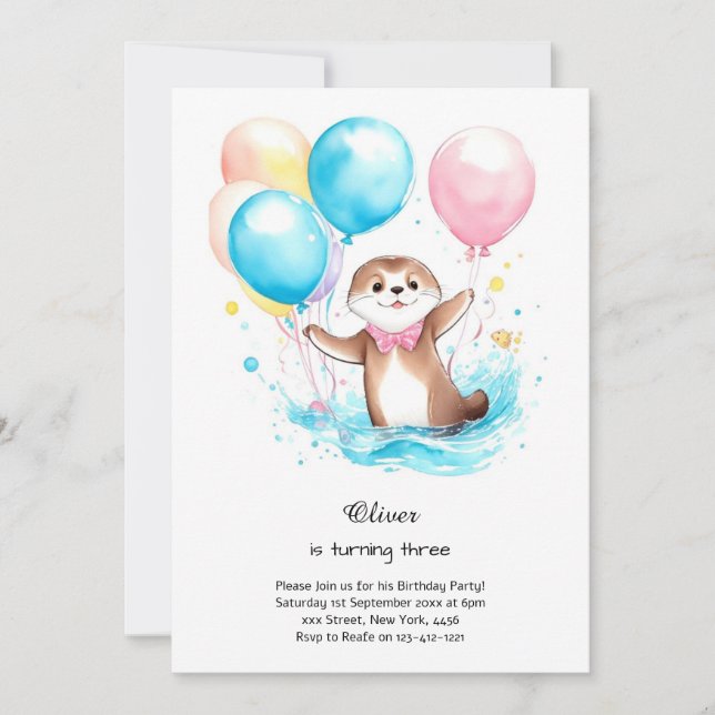 Wasserfarbe Otter Geburtstag Einladung (Vorderseite)