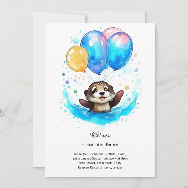 Wasserfarbe Otter Geburtstag Einladung (Vorderseite)