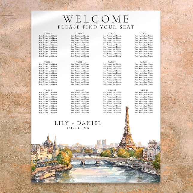 Wasserfarbe Paris Frankreich Hochzeitskarte Poster (Watercolor Paris France Wedding Seating Chart)