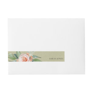 WASSERFARBE PEACH BLUME GREEN FOLIAGE MONOGRAMM Rundum-Adressaufkleber