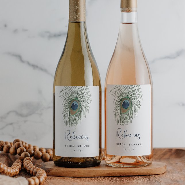 Wasserfarbe Peacock Feather Brautparty Gefallen Weinetikett (Von Creator hochgeladen)