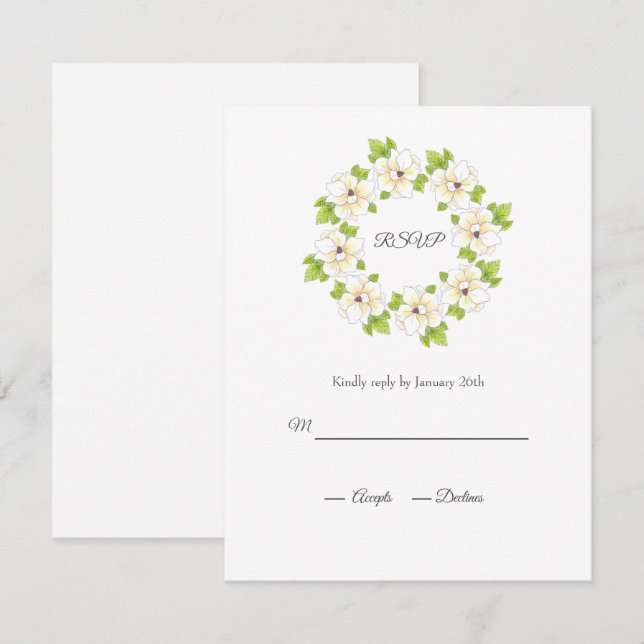 Wasserfarbe, Pen & Tinte Magnolia Kranz RSVP Karte (Vorne/Hinten)