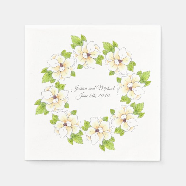 Wasserfarbe, Pen & Tinte Magnolia Kranz Serviette (Vorderseite)