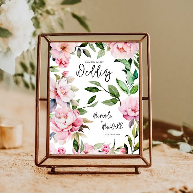 Wasserfarbe Peony Magnolia Pink Hochzeit Willkomme Poster (Von Creator hochgeladen)