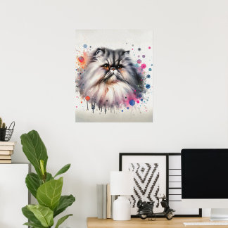 Wasserfarbe Persische Katze Farbiges Portrait Poster