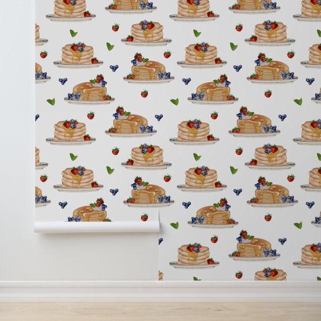 Wasserfarbe Pfannkuchen Beeren Frühstück Küche Tapete (Anwendung)