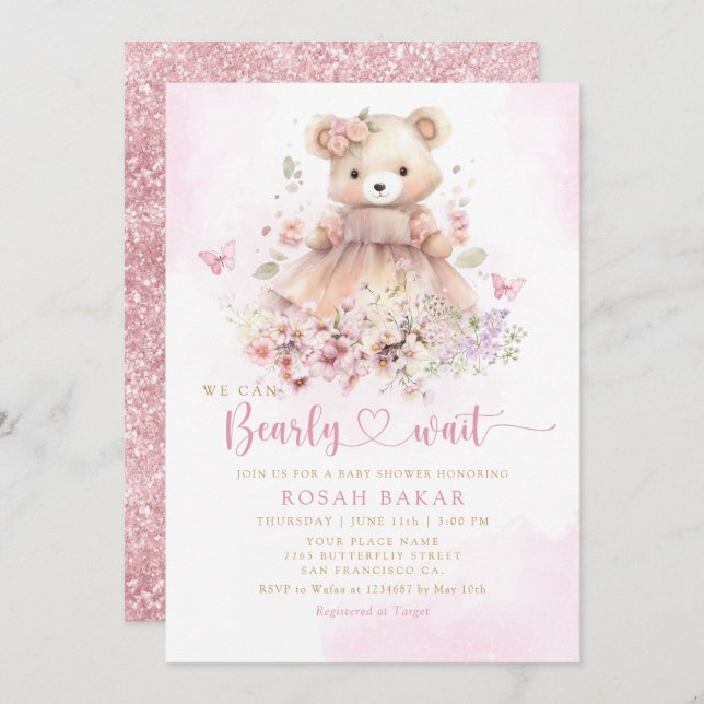 Wasserfarbe Pink Boho Teddy Bear Girl Babydusche Einladung (Vorne/Hinten)