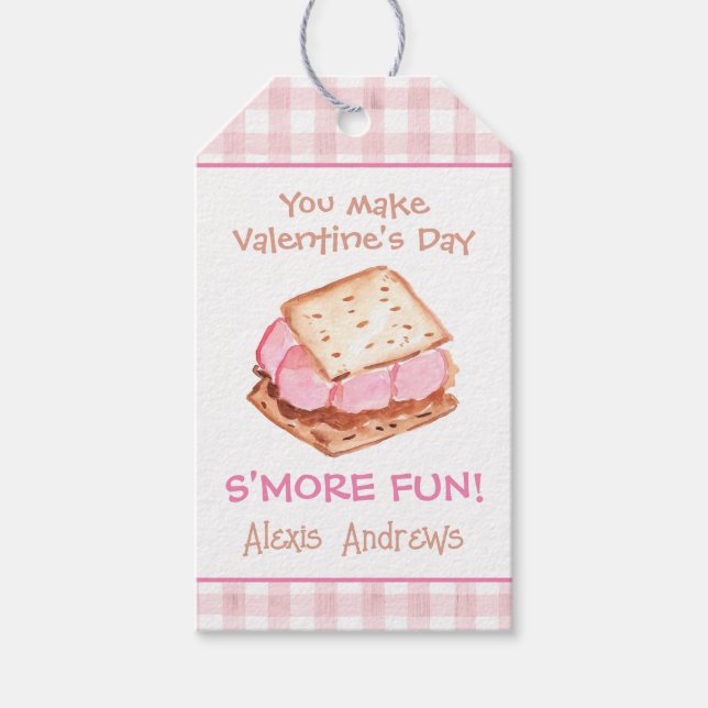 Wasserfarbe Pink Gingham S'mores Valentine Geschenkanhänger (Vorderseite)