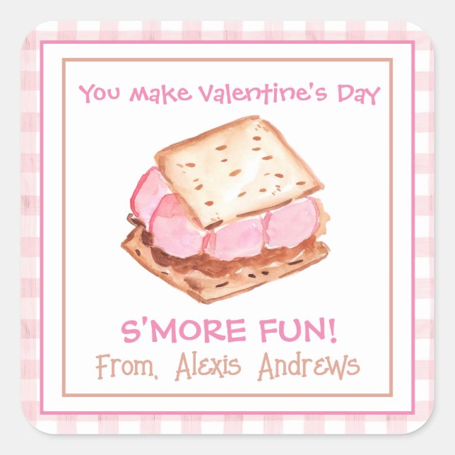 Wasserfarbe Pink Gingham S'mores Valentine Quadratischer Aufkleber (Vorderseite)