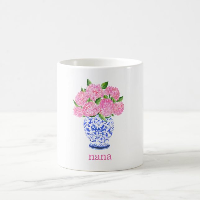 Wasserfarbe Pink Hydrangea Chinoiserie Name Kaffeetasse (Mittel)