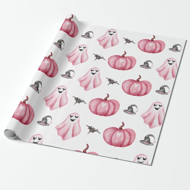Wasserfarbe Pink Pumpkin Ghost Hexenhut Halloween Geschenkpapier (Ungerollt)