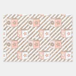 WASSERFARBE PINK & TAN BABY MÄDCHEN BLUME BEARS GESCHENKPAPIER SET