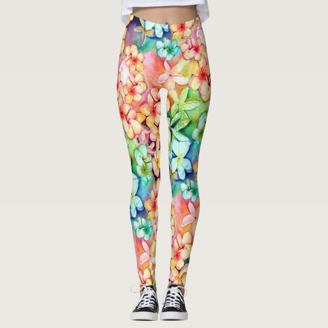 Wasserfarbe Plumeria Hawaii Leggings (Vorderseite)