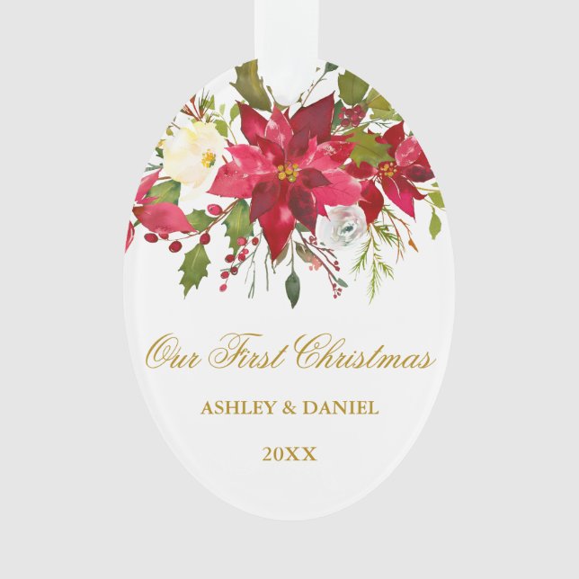 Wasserfarbe Poinsettia Florenz Erster WeihnachtsGl Ornament (Vorderseite)