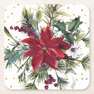 Wasserfarbe Poinsettia, heilig, Kiefer Weihnachten Rechteckiger Pappuntersetzer