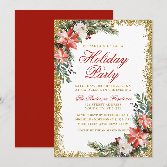Wasserfarbe Poinsettia Holiday Party Glitzer Rot Einladung (Vorne/Hinten)