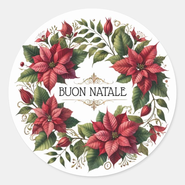 Wasserfarbe Poinsettias "Buon Natale" Italienisch Runder Aufkleber (Vorderseite)