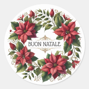 Wasserfarbe Poinsettias "Buon Natale" Italienisch Runder Aufkleber