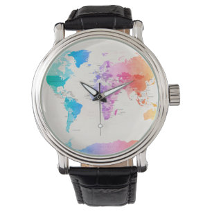 Wasserfarbe-politische Karte der Welt Armbanduhr