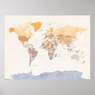 Wasserfarbe-politische Karte der Welt Poster