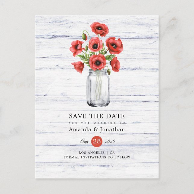 Wasserfarbe Poppy Rustic Mason Jar Wedding Ankündigungspostkarte (Vorderseite)