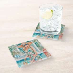 Wasserfarbe Preppy Palm Beach Girl am Pool Glasuntersetzer