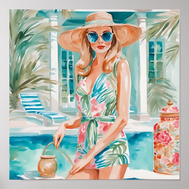 Wasserfarbe Preppy Palm Beach Girl am Pool Poster (Vorne)