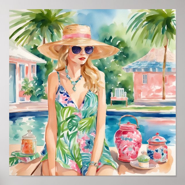 Wasserfarbe Preppy Palm Beach Girl am Pool Poster (Vorne)