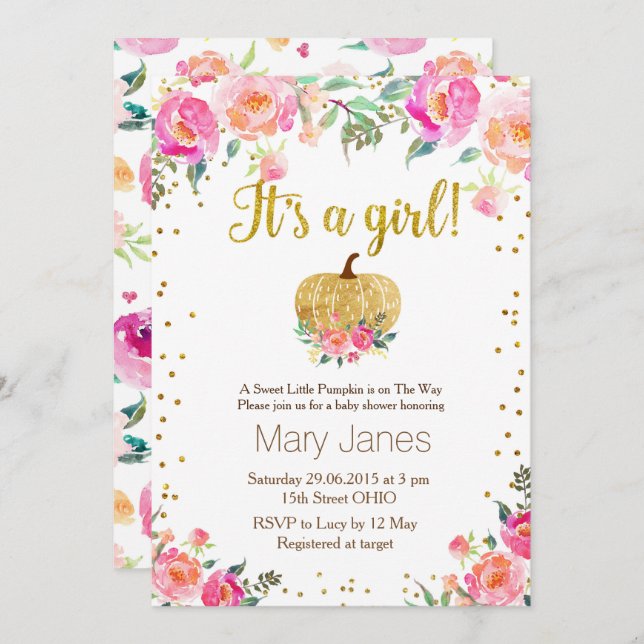 Wasserfarbe Pumpkin Fall Girl Babydusche Einladung (Vorne/Hinten)